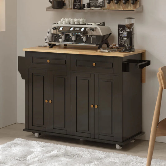 Kitchen Island Table Cart with Drop-Leaf, Adjustable Shelves & Lockable Wheels