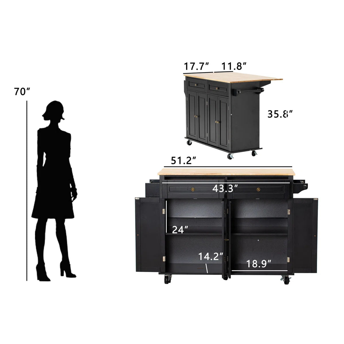 Kitchen Island Table Cart with Drop-Leaf, Adjustable Shelves & Lockable Wheels