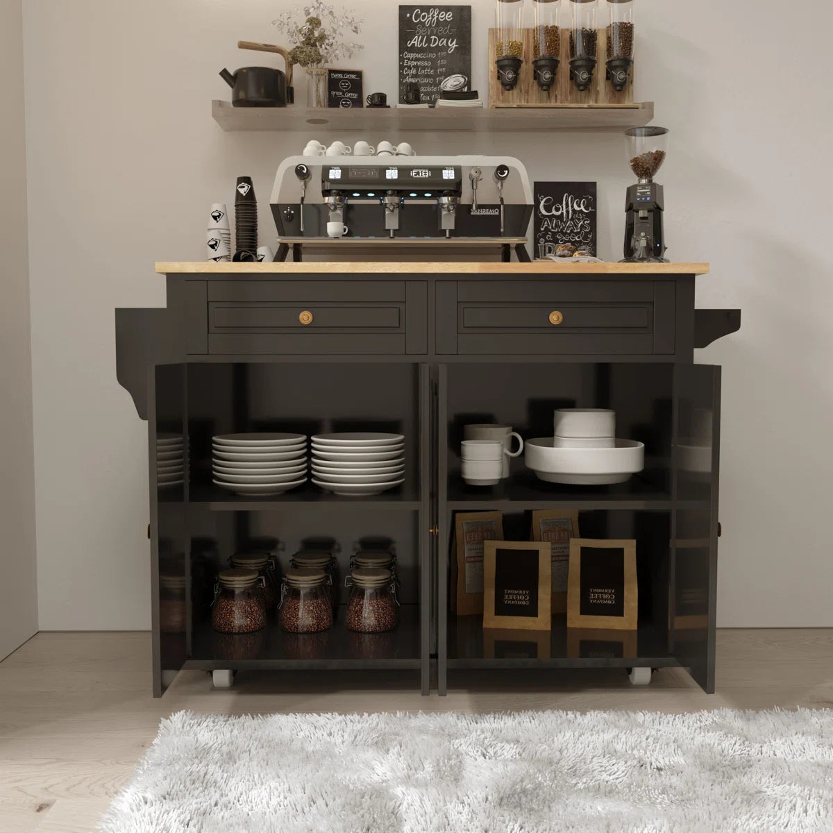 Kitchen Island Table Cart with Drop-Leaf, Adjustable Shelves & Lockable Wheels