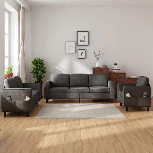 7 Seater Sofa Set: 4-Pcs Convertible Linen Upholstered Sofa Set with Storage Ottoman