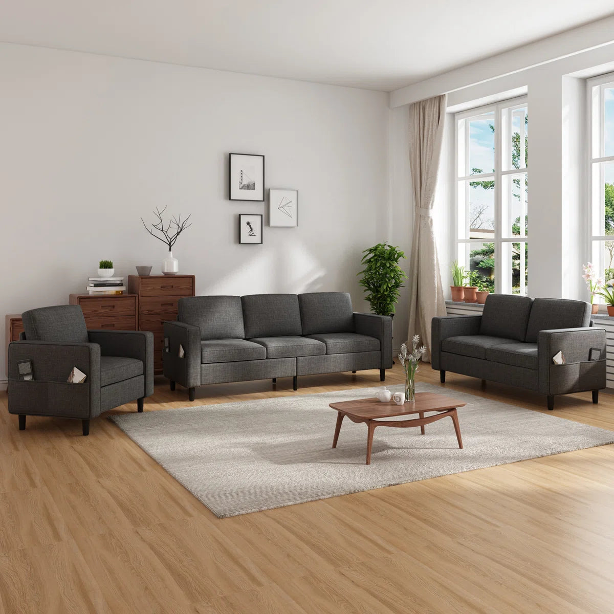 7 Seater Sofa Set: 4-Pcs Convertible Linen Upholstered Sofa Set with Storage Ottoman