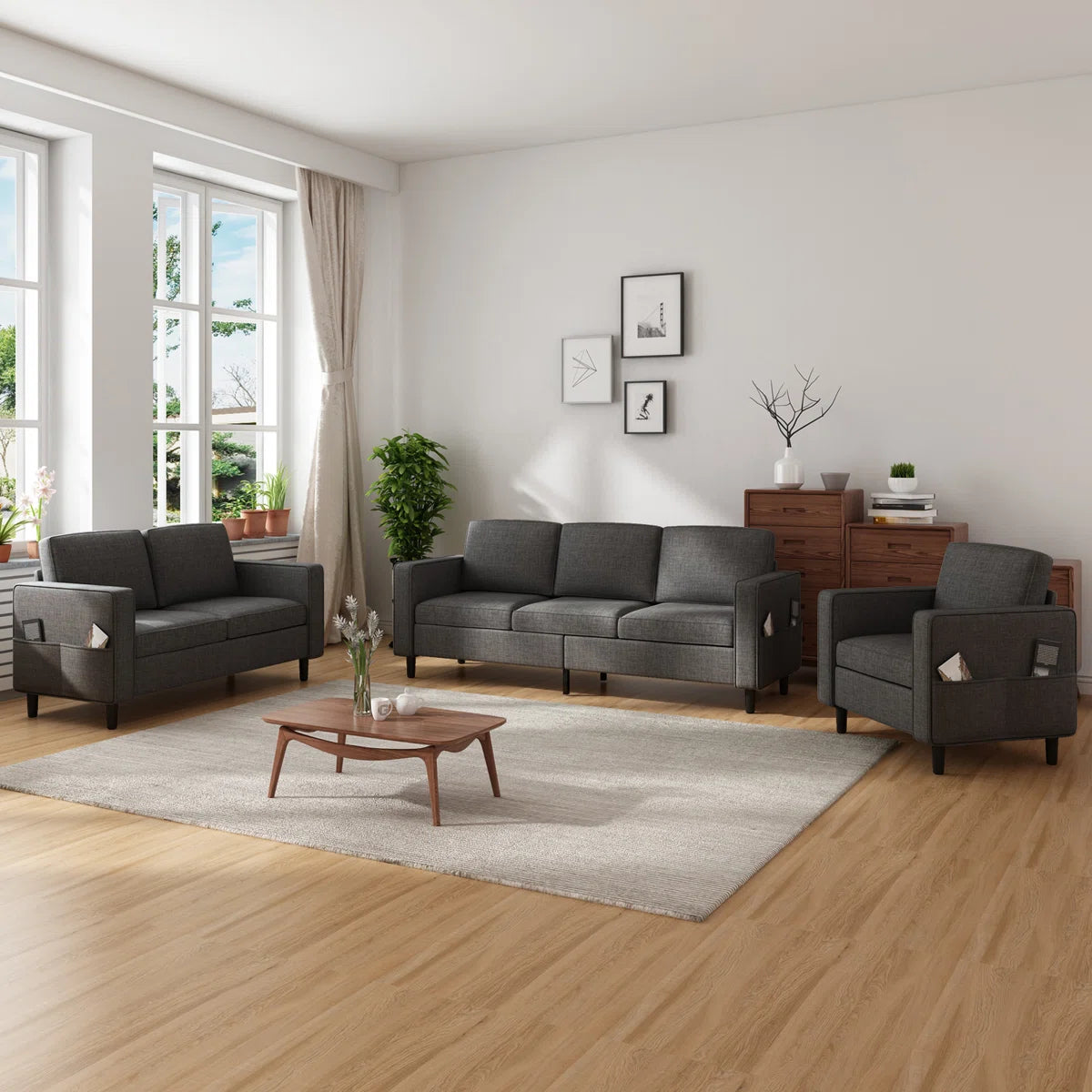 7 Seater Sofa Set: 4-Pcs Convertible Linen Upholstered Sofa Set with Storage Ottoman