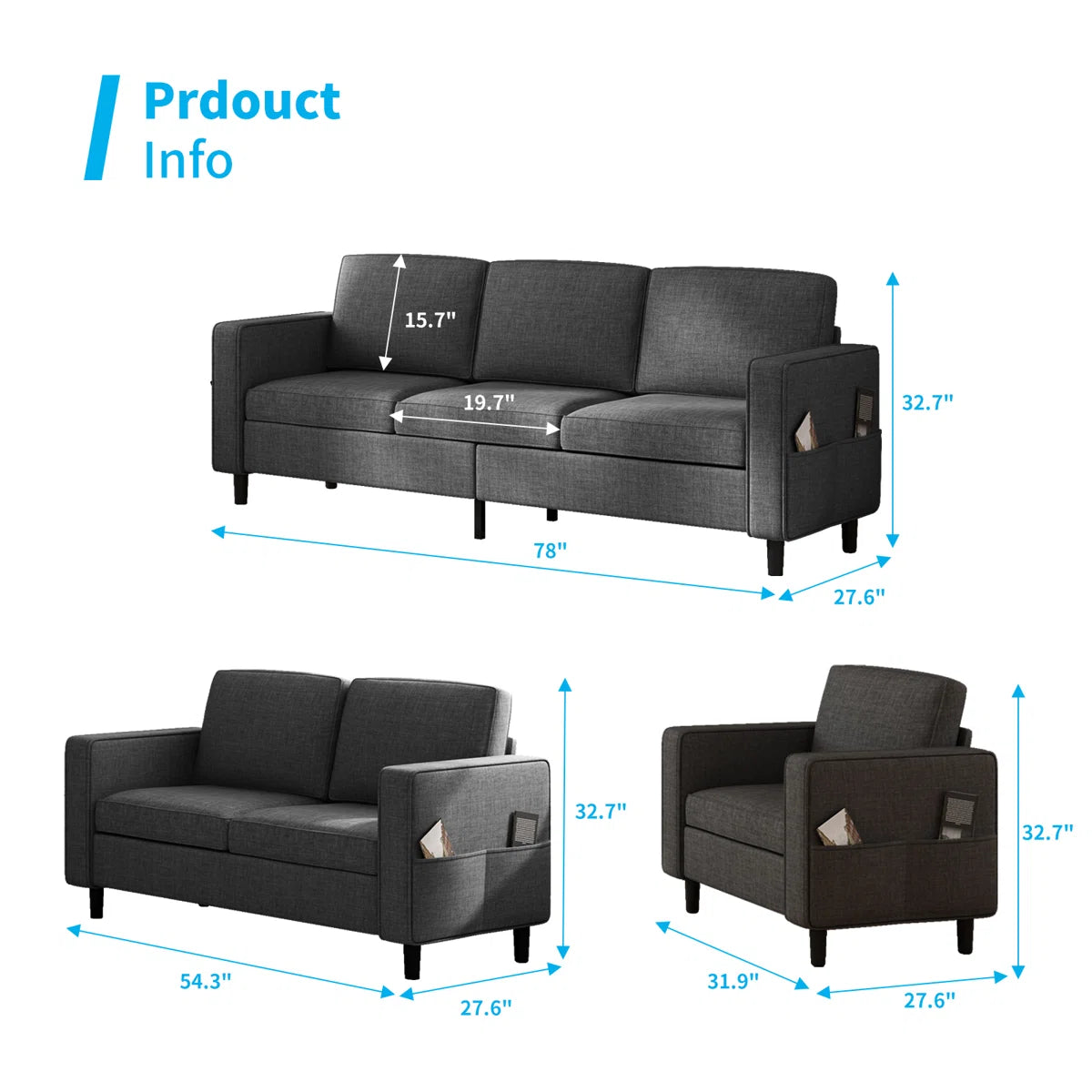 7 Seater Sofa Set: 4-Pcs Convertible Linen Upholstered Sofa Set with Storage Ottoman