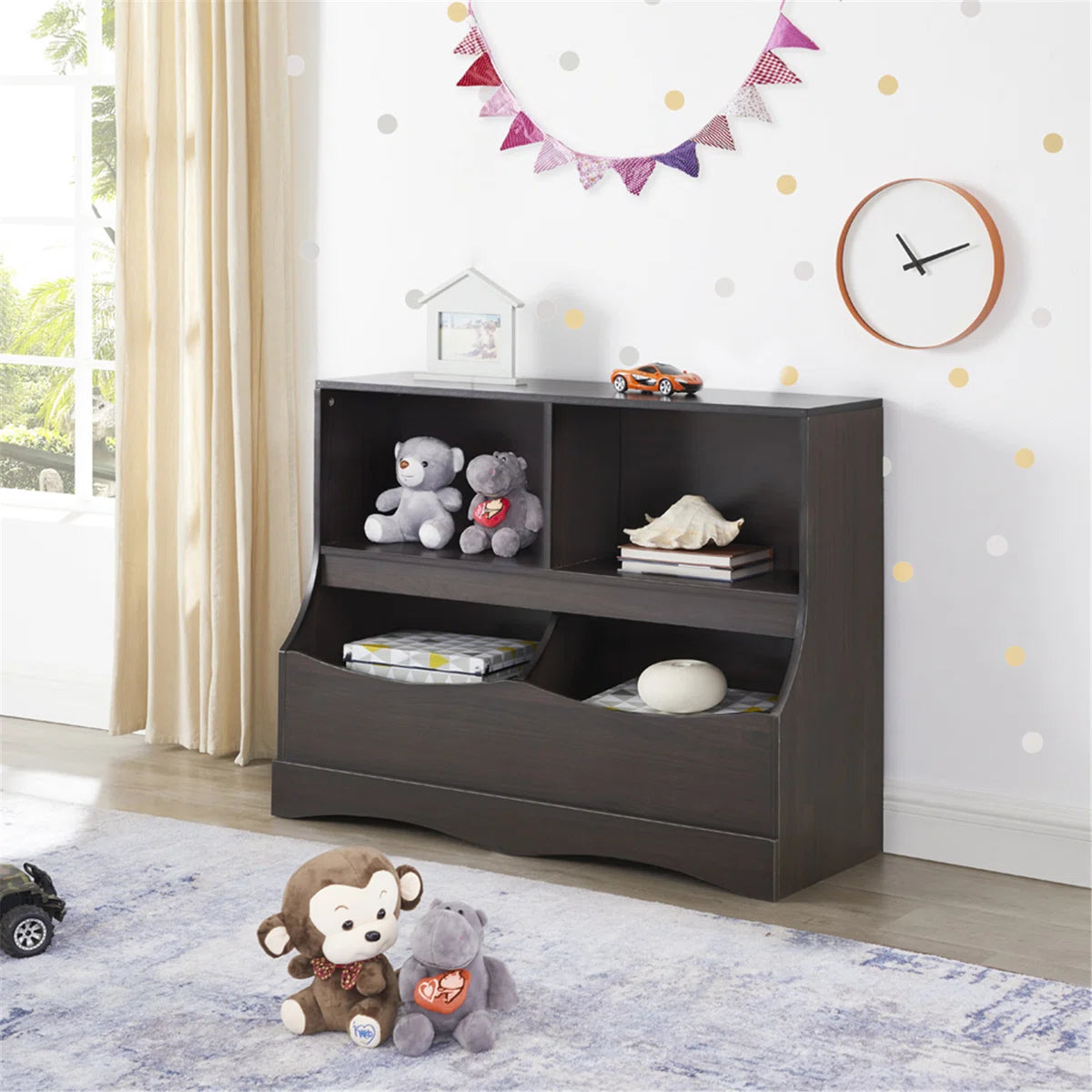 Kids Toy Storage Unit: Lavella Toy & Book Rack with Bookshelves & Cubbies – Espresso Finish