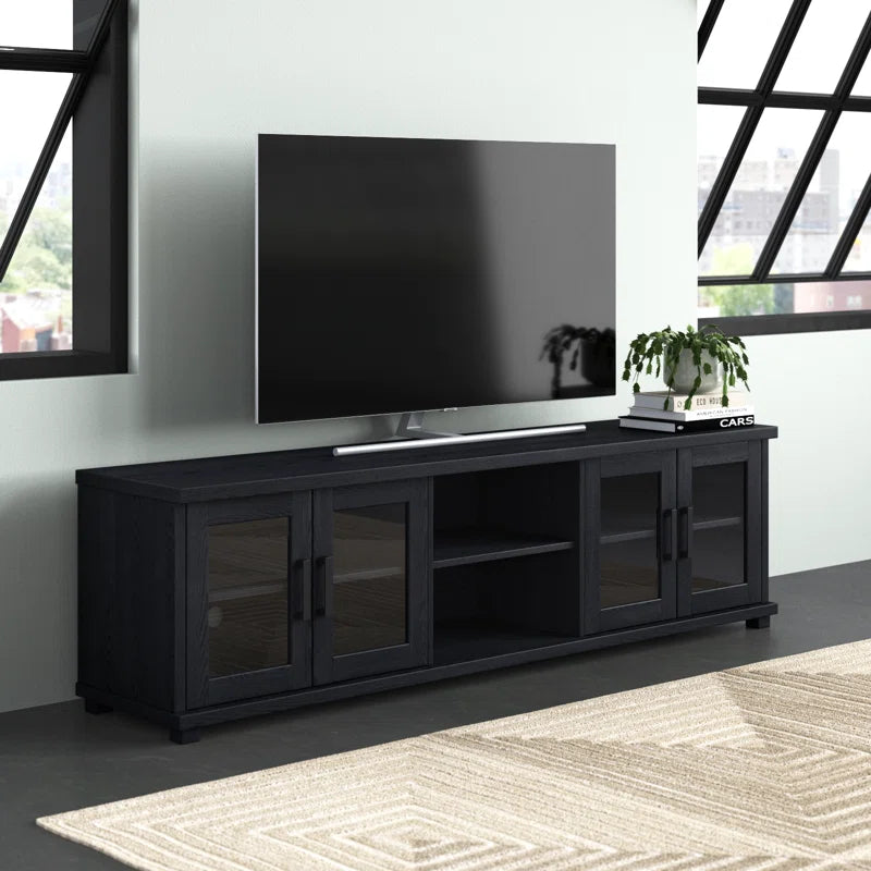 tv panel: Modern TV panel for 88" screens with open shelves and storage