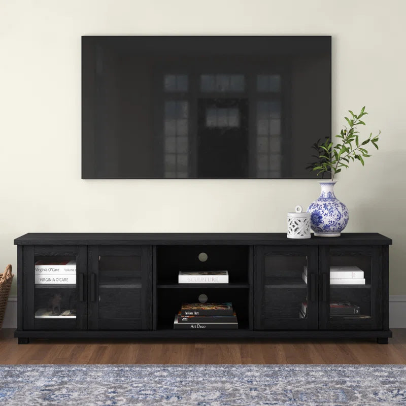tv panel: Modern TV panel for 88" screens with open shelves and storage
