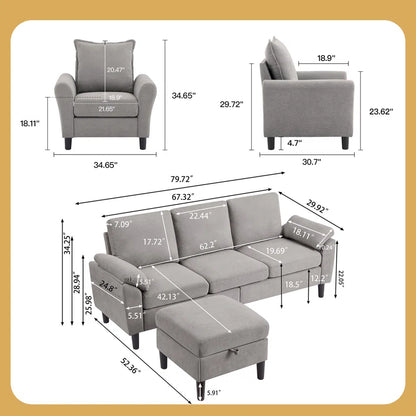 Luxury Sofa Sets: 3-Piece Modern Sectional Sofa Set– Washable Covers & Storage Pockets