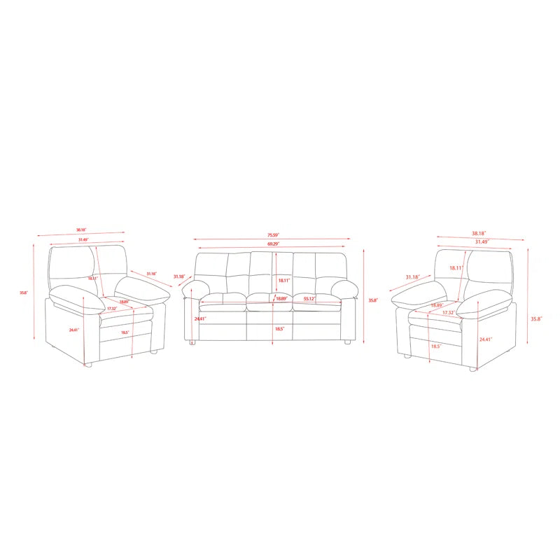 Luxury Sofa Sets: 3-Piece Cotton Upholstered Sofa & Chair Set with Pillowtop Arms