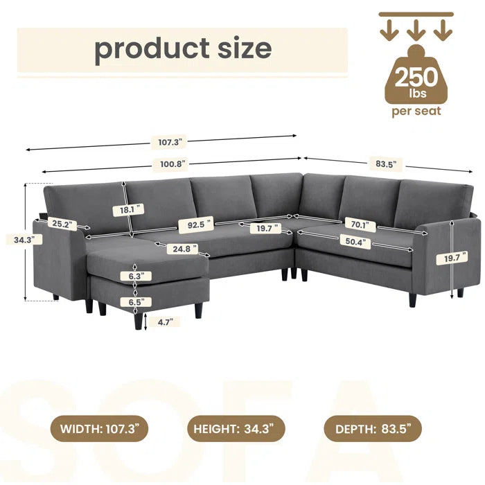 7 Seater Sofa Set: 107.3" Sectional Sofa with Leather