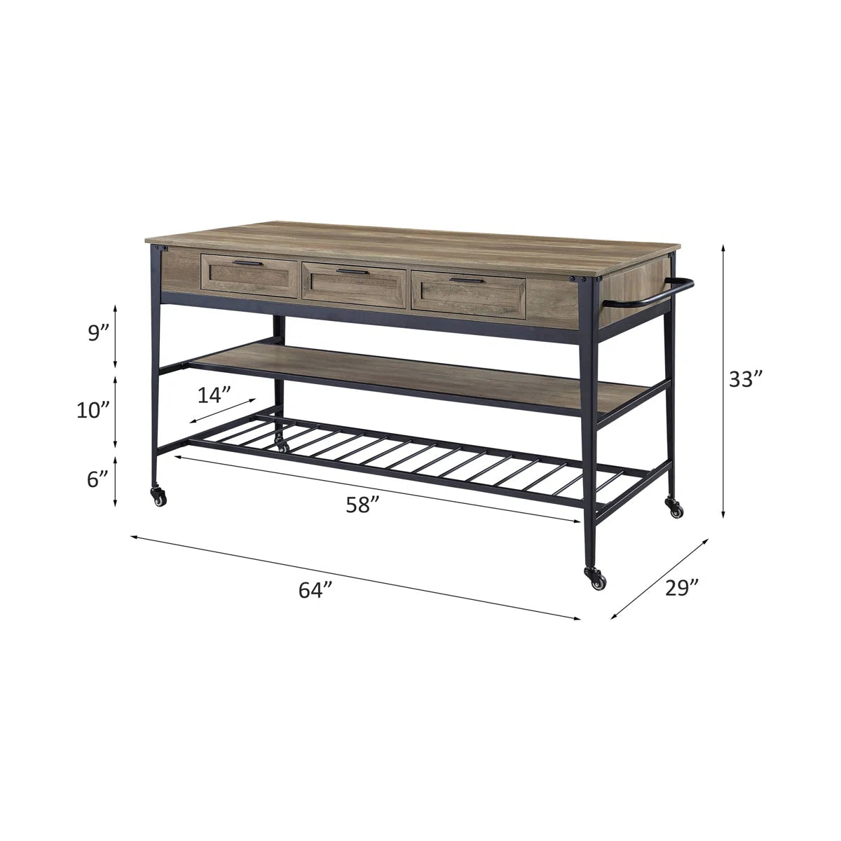 Kitchen Island Table: Rectangular Rolling Cart with 3 Drawers &amp; 2-Tier Shelf Storage