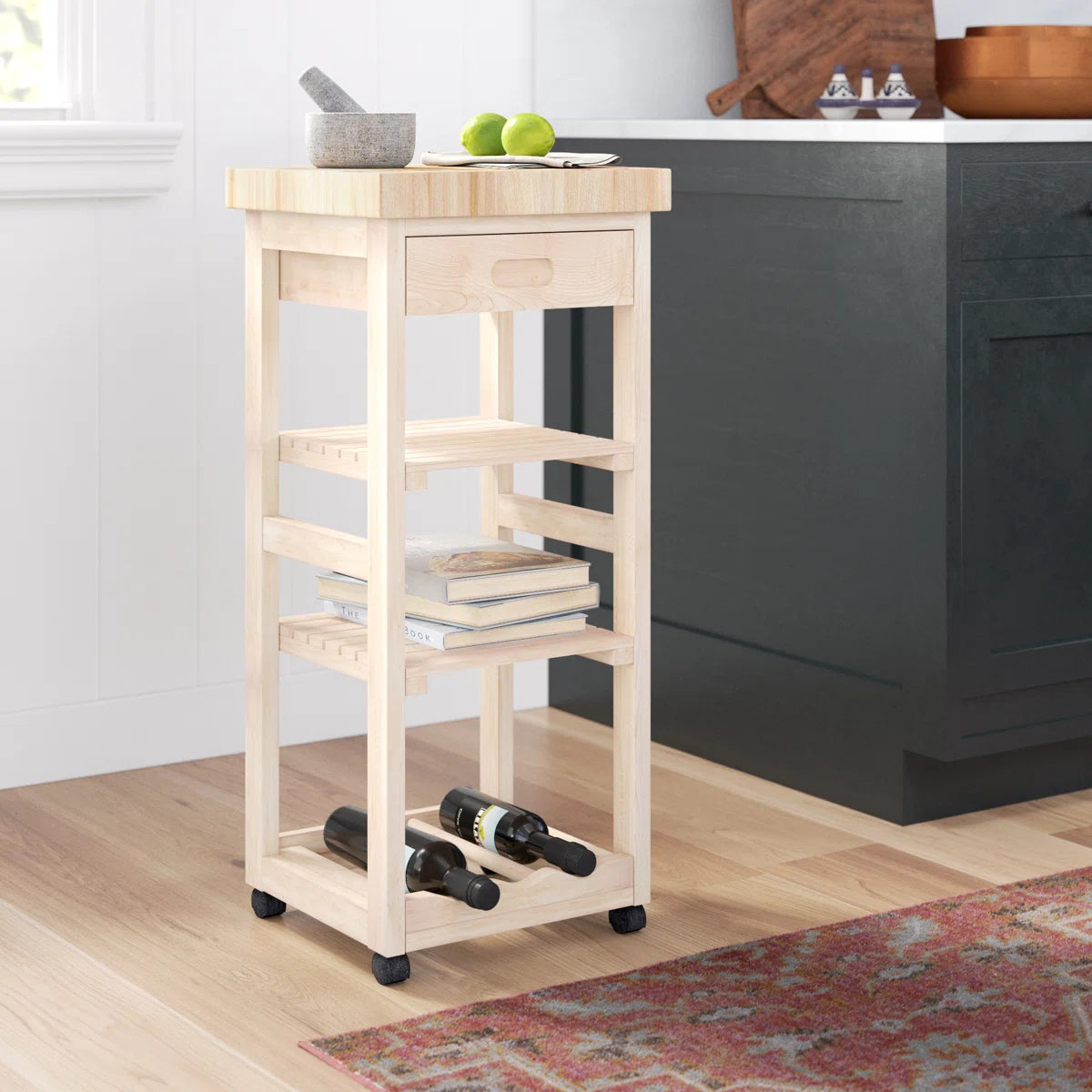 Kitchen Island Table: 15'' Wide Unfinished Solid Wood Cart with Butcher Block Top & Wine Storage