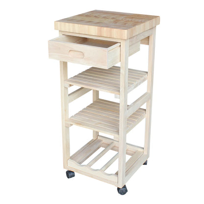 Kitchen Island Table: 15'' Wide Unfinished Solid Wood Cart with Butcher Block Top & Wine Storage