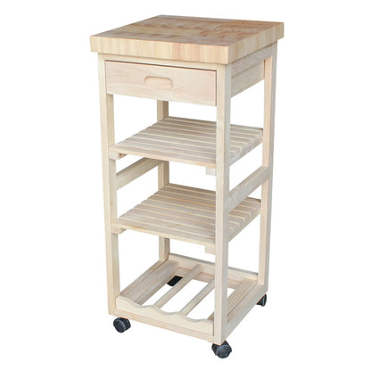 Kitchen Island Table: 15'' Wide Unfinished Solid Wood Cart with Butcher Block Top & Wine Storage