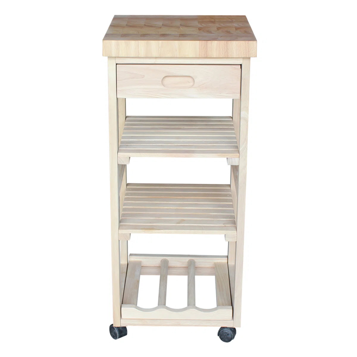 Kitchen Island Table: 15'' Wide Unfinished Solid Wood Cart with Butcher Block Top & Wine Storage