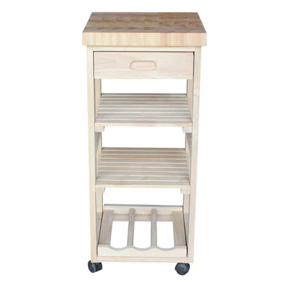 Kitchen Island Table: 15'' Wide Unfinished Solid Wood Cart with Butcher Block Top & Wine Storage