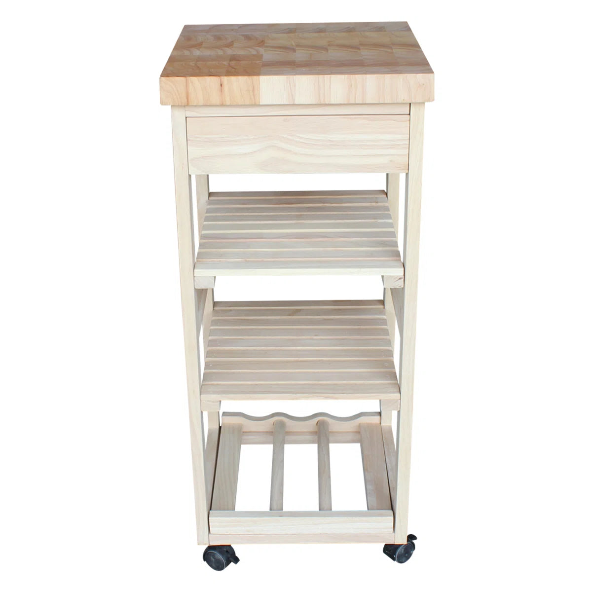 Kitchen Island Table: 15'' Wide Unfinished Solid Wood Cart with Butcher Block Top & Wine Storage