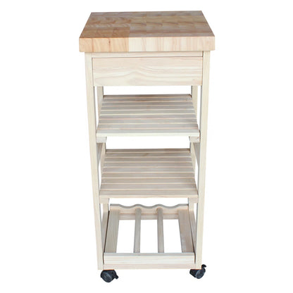 Kitchen Island Table: 15'' Wide Unfinished Solid Wood Cart with Butcher Block Top & Wine Storage