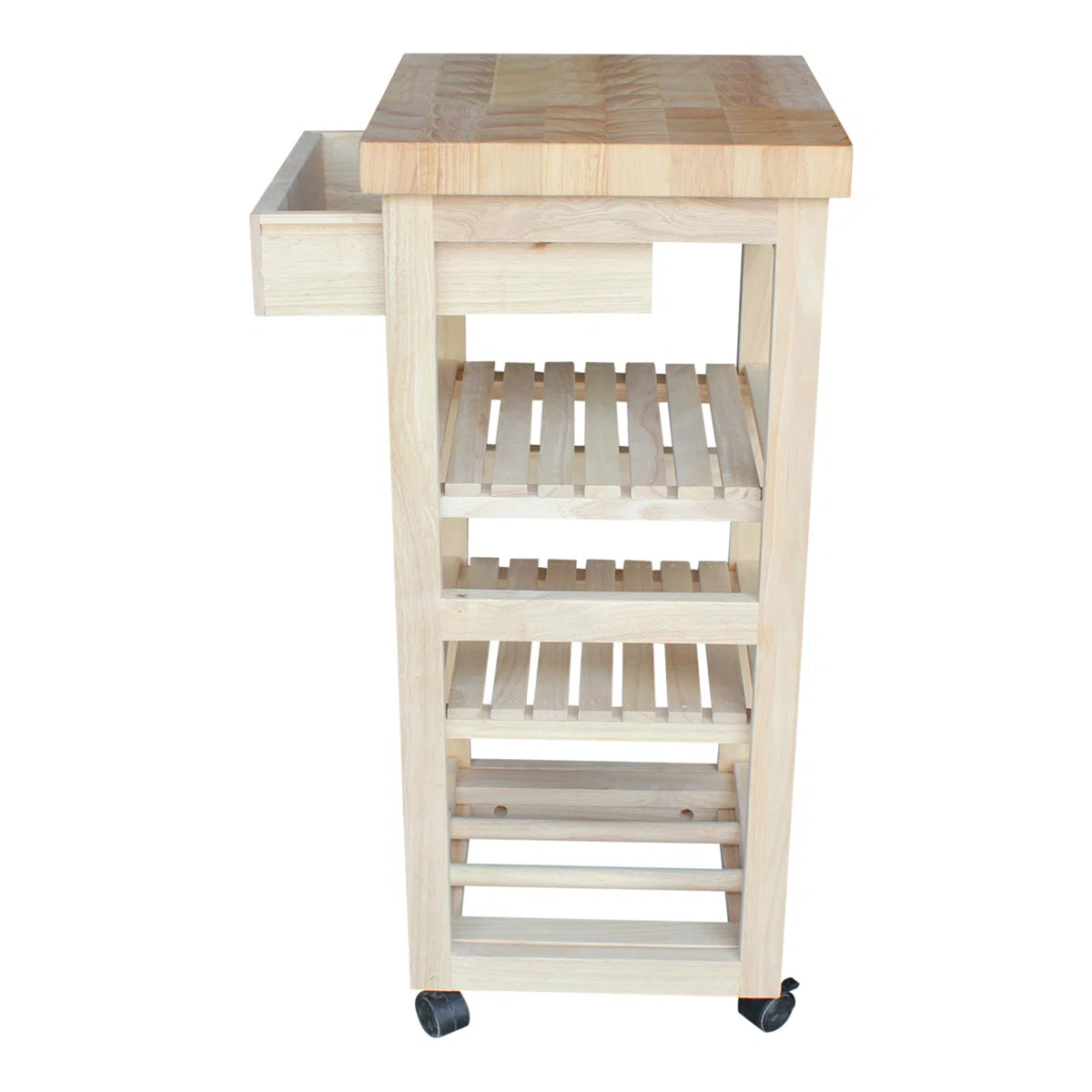 Kitchen Island Table: 15'' Wide Unfinished Solid Wood Cart with Butcher Block Top & Wine Storage