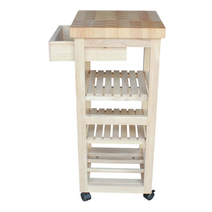 Kitchen Island Table: 15'' Wide Unfinished Solid Wood Cart with Butcher Block Top & Wine Storage