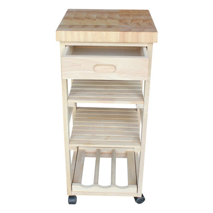Kitchen Island Table: 15'' Wide Unfinished Solid Wood Cart with Butcher Block Top & Wine Storage