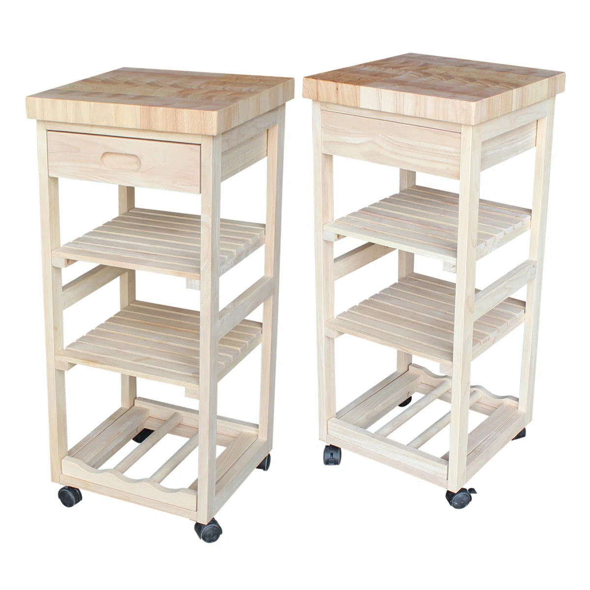 Kitchen Island Table: 15'' Wide Unfinished Solid Wood Cart with Butcher Block Top & Wine Storage