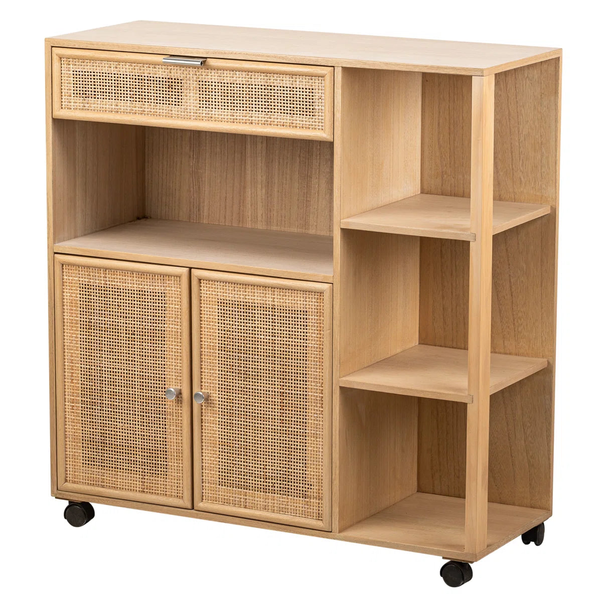 Kitchen Island Table: 30.8'' Wide Marisha Utility Trolley with Rattan Shelves & Wheels