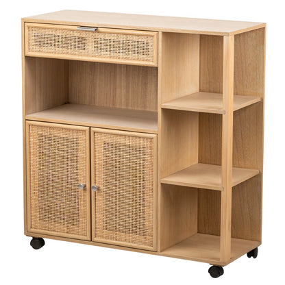 Kitchen Island Table: 30.8'' Wide Marisha Utility Trolley with Rattan Shelves & Wheels