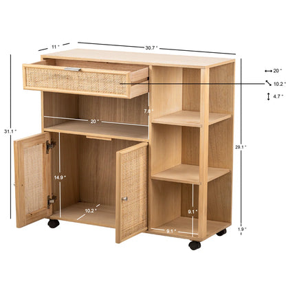 Kitchen Island Table: 30.8'' Wide Marisha Utility Trolley with Rattan Shelves & Wheels