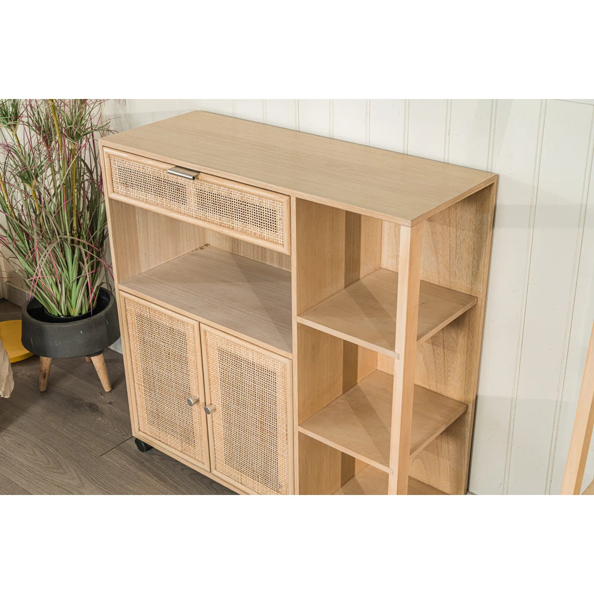 Kitchen Island Table: 30.8'' Wide Marisha Utility Trolley with Rattan Shelves & Wheels