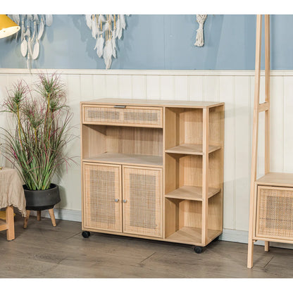 Kitchen Island Table: 30.8'' Wide Marisha Utility Trolley with Rattan Shelves & Wheels