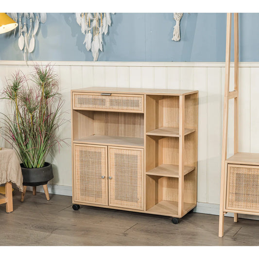 Kitchen Island Table: 30.8'' Wide Marisha Utility Trolley with Rattan Shelves & Wheels