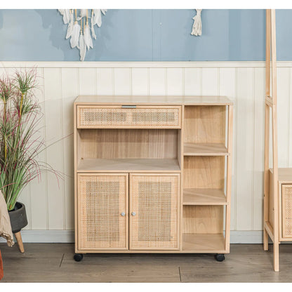 Kitchen Island Table: 30.8'' Wide Marisha Utility Trolley with Rattan Shelves & Wheels