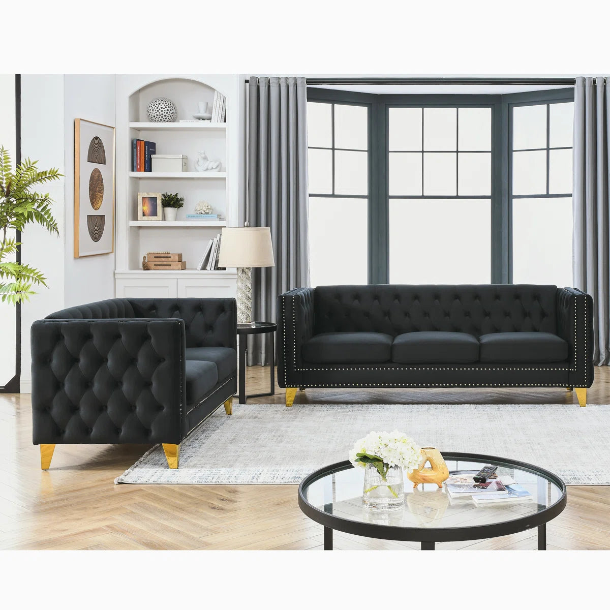 7 Seater Sofa Set:  2 - Piece Velvet Modular Chaise & Stylish Sofa
