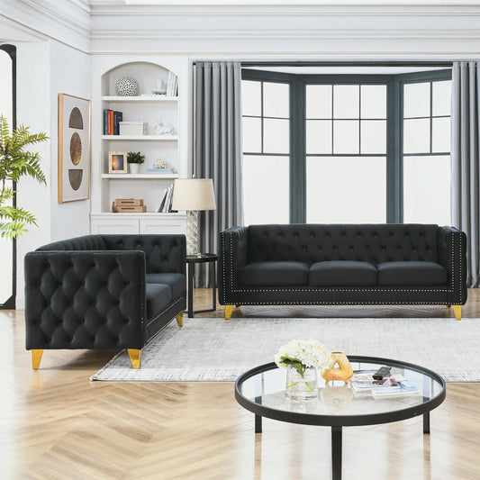 7 Seater Sofa Set:  2 - Piece Velvet Modular Chaise & Stylish Sofa