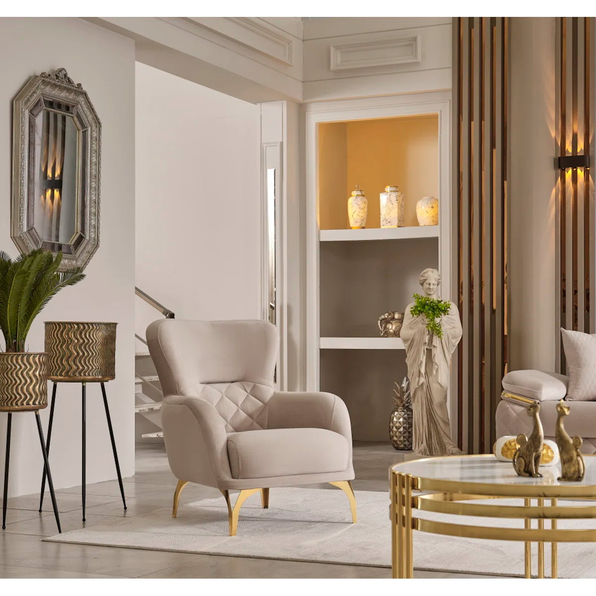 Luxury Sofa Sets: 4-Piece Velvet Sofa & Chair Set with Gold Legs and Storage – Cream