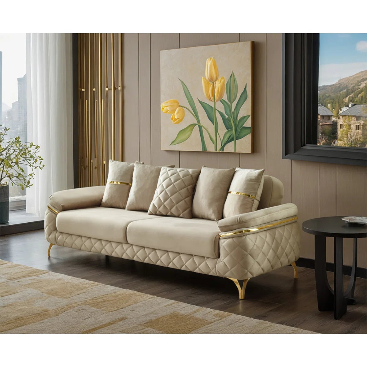 Luxury Sofa Sets: 4-Piece Velvet Sofa & Chair Set with Gold Legs and Storage – Cream