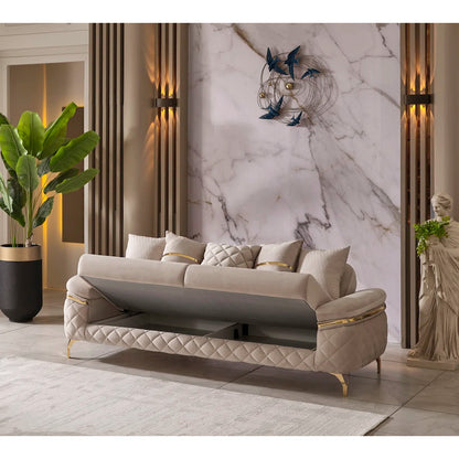 Luxury Sofa Sets: 4-Piece Velvet Sofa & Chair Set with Gold Legs and Storage – Cream