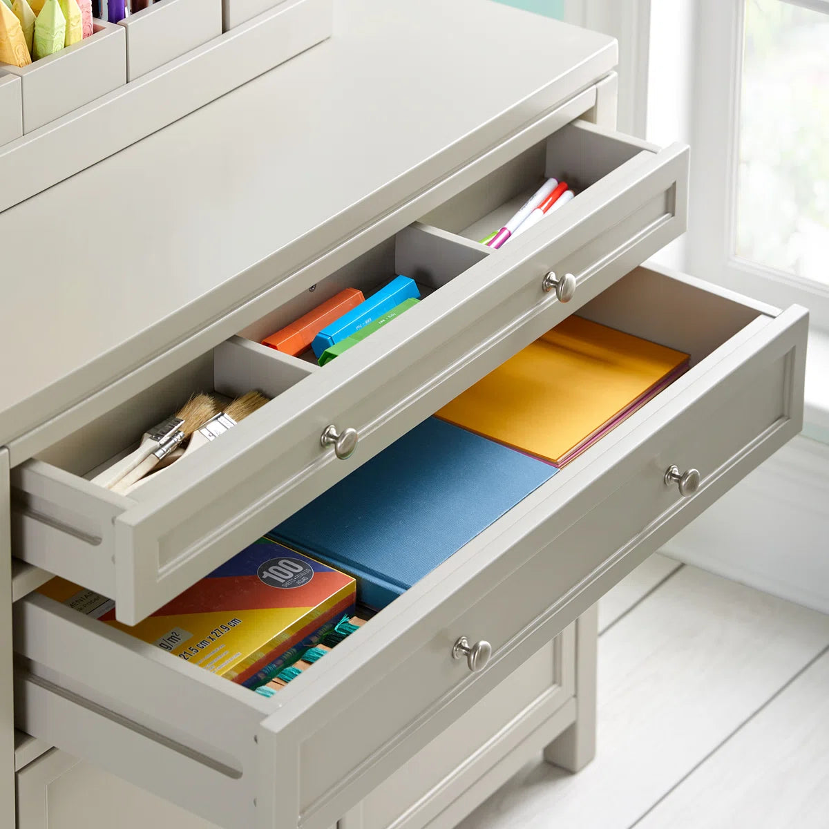 Kids Toy Storage Unit: 33'' Wide Pine Wood Art Organiser with Drawers, Shelves & Soft-Close Cabinets
