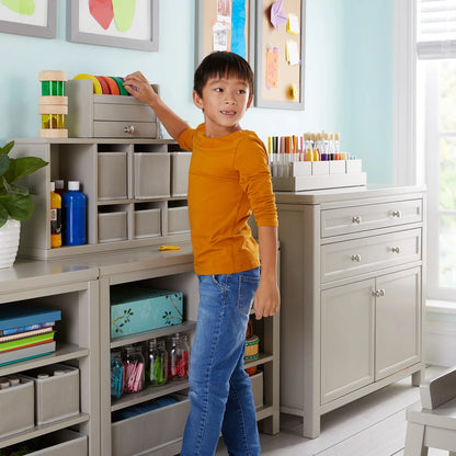 Kids Toy Storage Unit: 33'' Wide Pine Wood Art Organiser with Drawers, Shelves & Soft-Close Cabinets