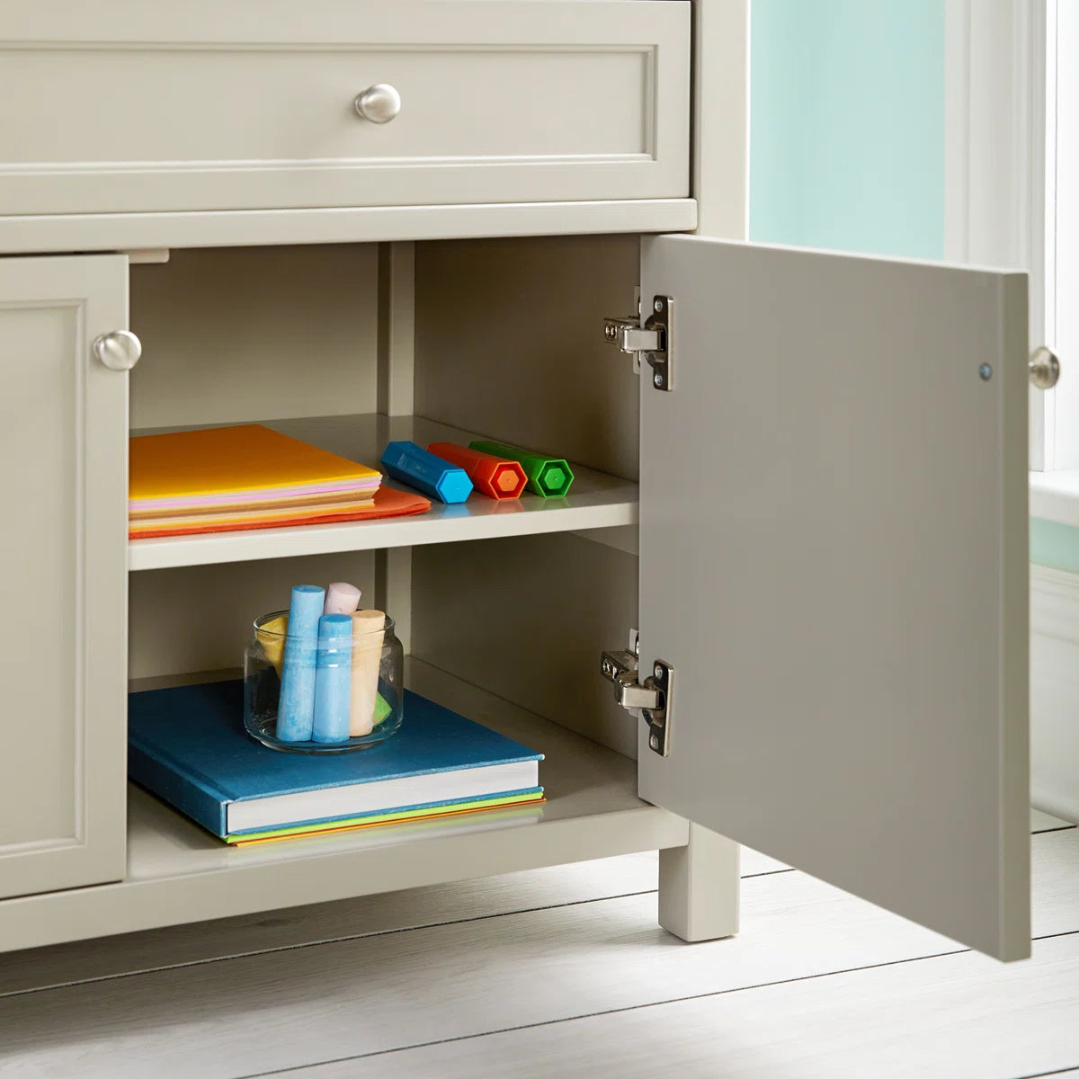 Kids Toy Storage Unit: 33'' Wide Pine Wood Art Organiser with Drawers, Shelves & Soft-Close Cabinets