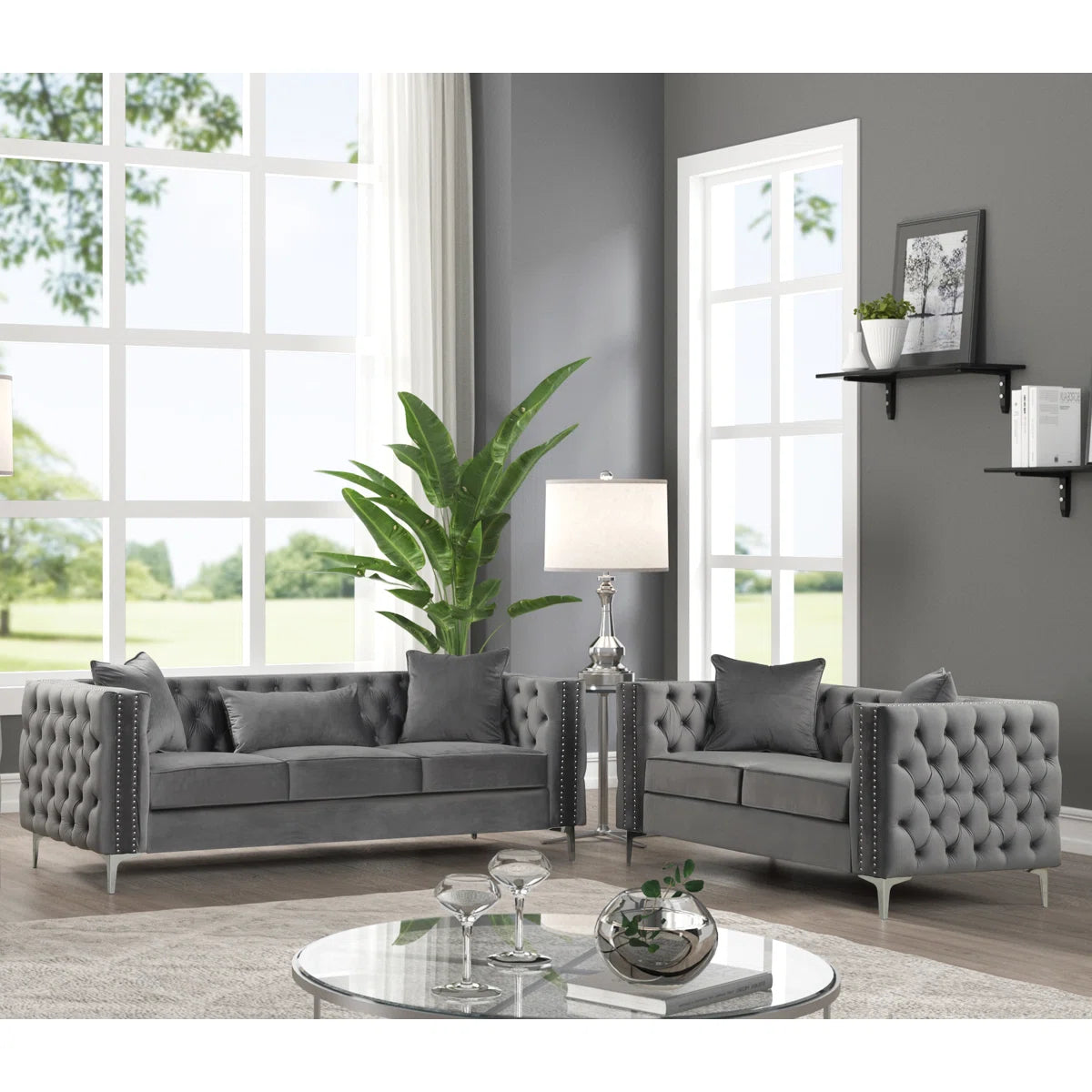 Luxury Sofa Sets: Velvet Tufted 2-Piece Living Room Set with Chrome Legs and 5 Toss Pillows