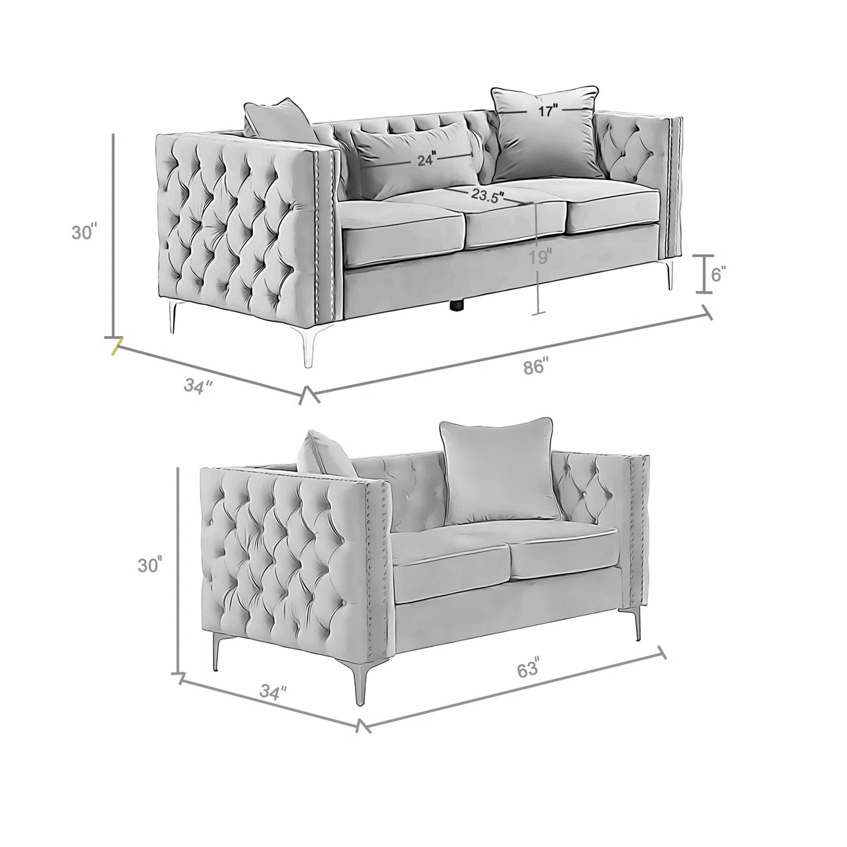 Luxury Sofa Sets: Velvet Tufted 2-Piece Living Room Set with Chrome Legs and 5 Toss Pillows