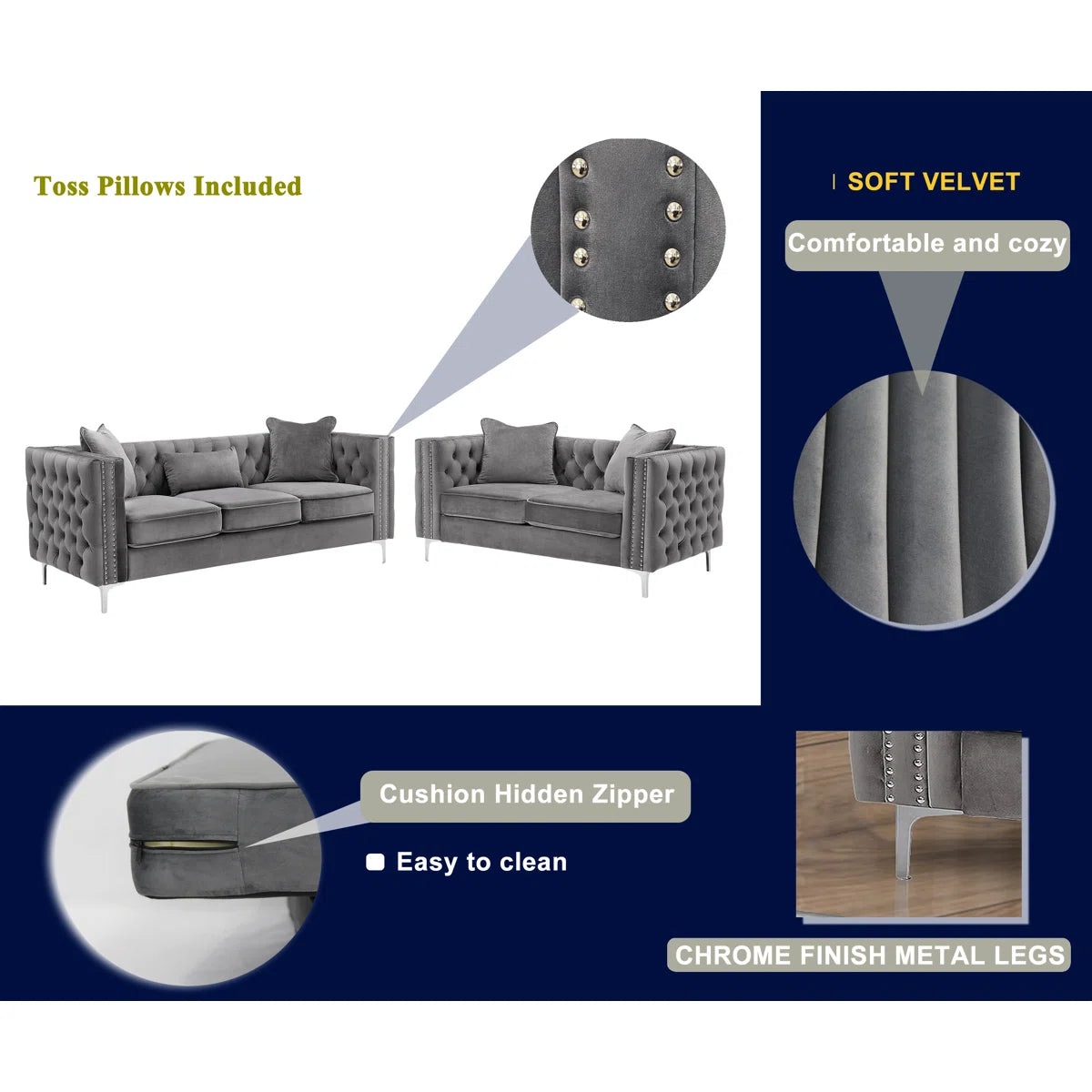 Luxury Sofa Sets: Velvet Tufted 2-Piece Living Room Set with Chrome Legs and 5 Toss Pillows