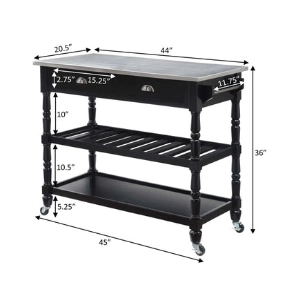 Kitchen Island Table: 45" Stainless Steel Top Kitchen Cart with Locking Wheels & Storage