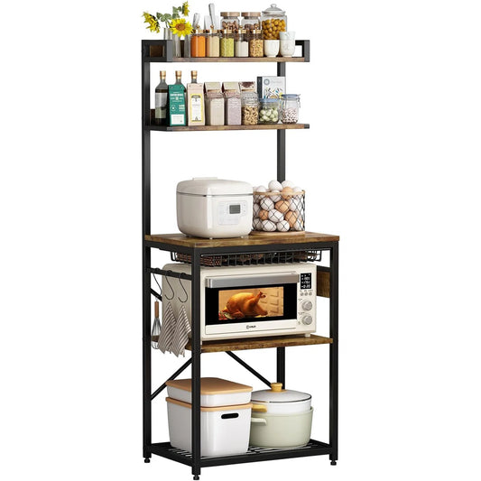Kitchen Racks: Rustic Industrial Kitchen Storage Rack with Hooks and Microwave Shelf