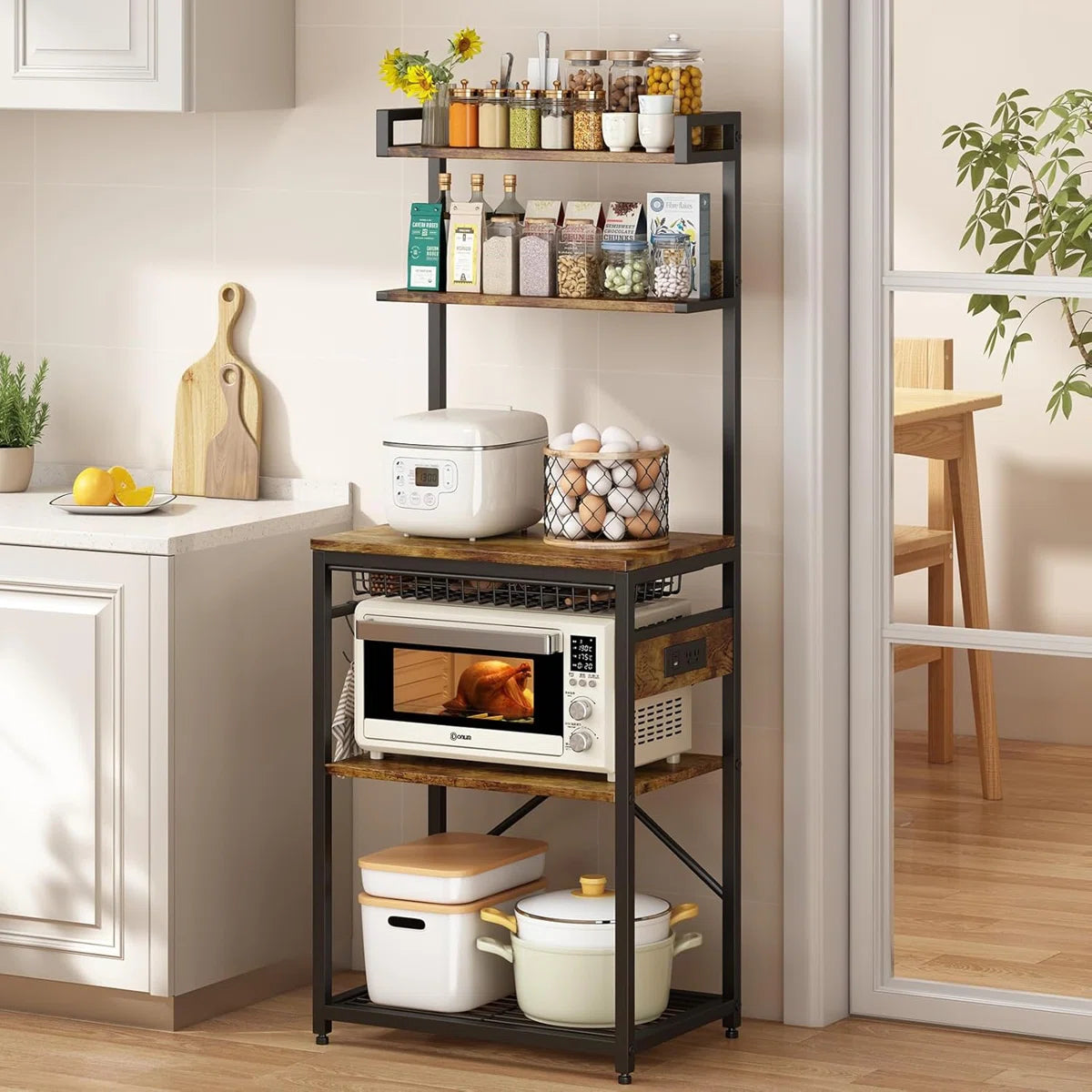 Kitchen Racks: Rustic Industrial Kitchen Storage Rack with Hooks and Microwave Shelf