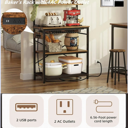 Kitchen Racks: Rustic Industrial Kitchen Storage Rack with Hooks and Microwave Shelf