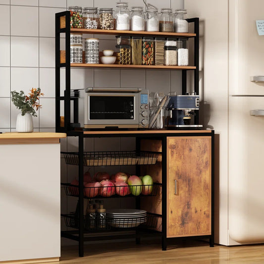 Kitchen Rack: Microwave Shelf Rack and Kitchen Bakers Rack with 3 Metal Baskets and Storage Cabinet