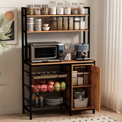 Kitchen Rack: Microwave Shelf Rack and Kitchen Bakers Rack with 3 Metal Baskets and Storage Cabinet