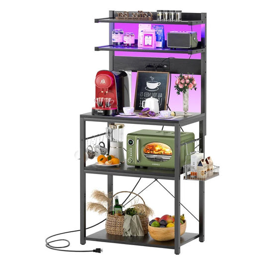 Kitchen Rack: Microwave Stand, Bar Station with Led Lights, Kitchen Storage Shelf, and Bakers Rack with Power Outlet
